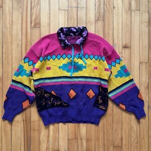 Vintage 80s Geometric Pattern Funnel Neck Sweater Bright Colors